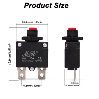 10A 125/250V Push Button Reset Overload Protector Circuit Breakers,Pack of 2