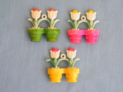 Lot of 3 Vintage Plastic Window Shade / Light Pulls ~ Flowers in Pots - Picture 2 of 2