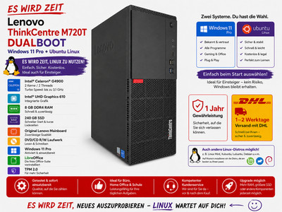 Lenovo ThinkCentre M720t Linux Win11 Dualboot Intel 8th 240GB SSD 8GB USB-C