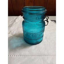 Blue Glass Jar Decorative Embossed Design Kitchen Storage Container