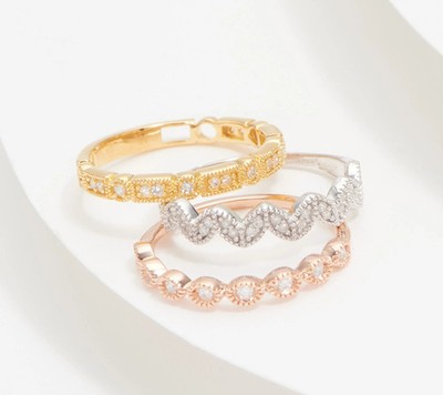 Affinity Diamonds Sterling Silver Tri-Color Stack Set of 3 Rings, Size 6
