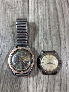 2 VINTAGE 1970'S CLINTON MENS WORLD TIME DIVE DIVERS WATCH & MANUAL WIND WATCH