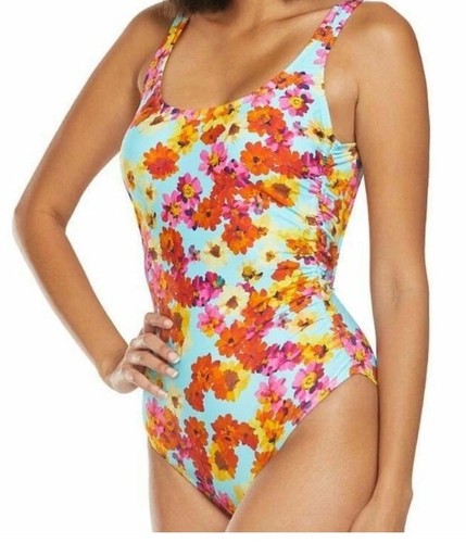 $98 Kenneth Cole Reaction Women's In the Garden Side Ruched Swimsuit sz M Multi - Picture 4 of 11