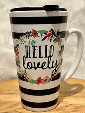 Hello Lovely Black & white Striped traveling Coffee Mug