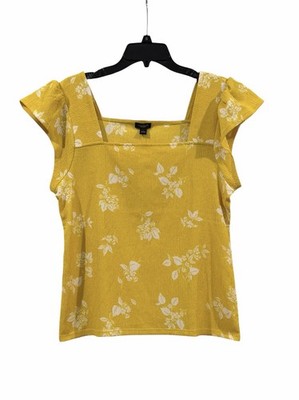 NWT Ann Taylor Loft Mustard Yellow Ribbed Knit Tank Floral Ruffle Sleeve SZ L