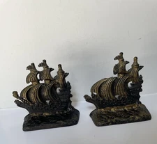 Pair Of Antique Cast Iron Sailing Ship Bookends, Golden Color, Marked “Z”