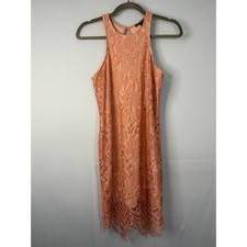 Express Lace Halter Sheath Dress Womens XS Coral Pink Scalloped Eyelash Hem