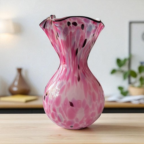 Vintage Mid-Century Modern Pink Splatter Art Glass Vase Hand-Blown Ruffled Edge - Picture 7 of 10