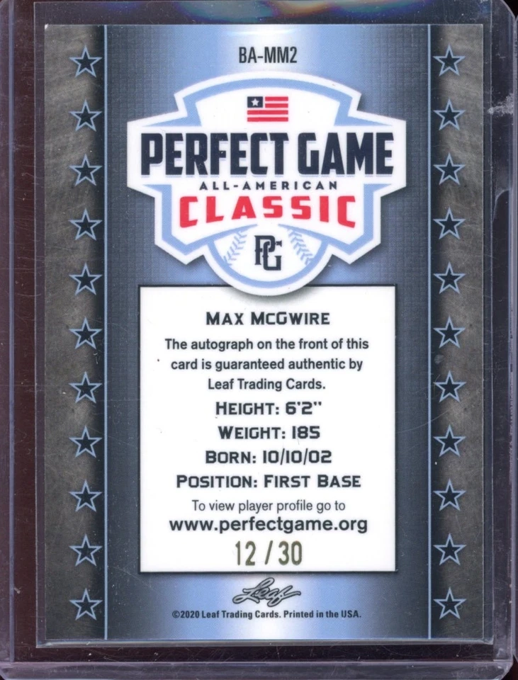 2020 Leaf Perfect Game Max McGwire AUTO AUTOGRAPHED SIGNED /30  - Image 2 of 2