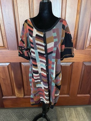 Peruvian Connection XL Abstract Art Knit Short Sleeve Tunic Cardigan Sweater EUC