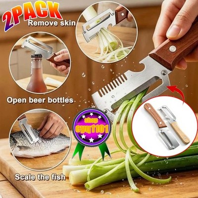 2 PCS 3-in-1 Multifunctional Vegetable Peeler with Wooden Handle,Julienne Slicer