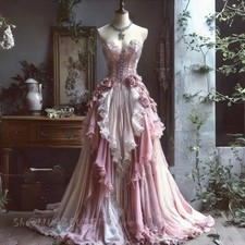 Romantic Garden Wedding Dress Pink Long Ruffled Flowers Strapless Corset Dresses