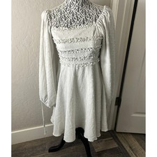 Boohoo Occasion Puff Long Sleeve Mini Dress Womens US 6 White Smocked Swiss Dot