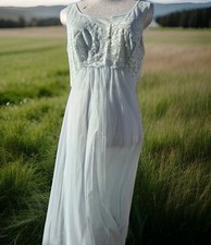 Vintage Nightgown Shadowline Powder Blue Sheer Flowing Lace Size SM Sleeveless