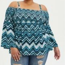 Torrid COLD SHOULDER BLOUSE - CHALLIS CHEVRON TIE-DYE BLUE Plus SIZE 3 3X 