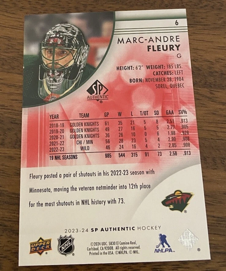 Marc-Andre Fleury 2023-24 SP Authentic #6 Red Limited - Image 2 of 2
