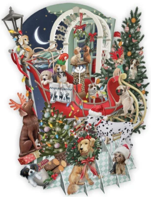 NOTES & QUERIES Festive Dogs and Puppies in Red Sleigh 3D Pop Up Laser Cut Christmas Card