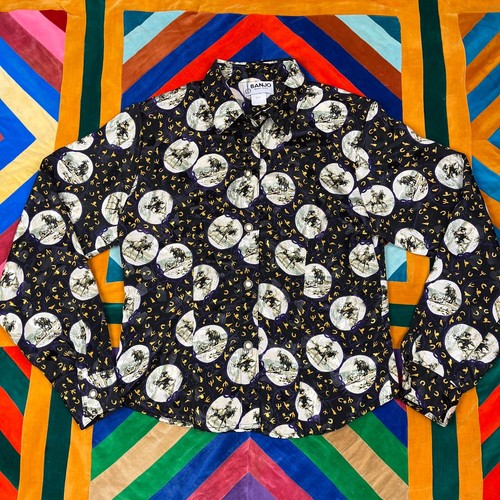 Vintage Womens M Satin Western Button Front Shirt Banjo Dallas Horse Riding Blk