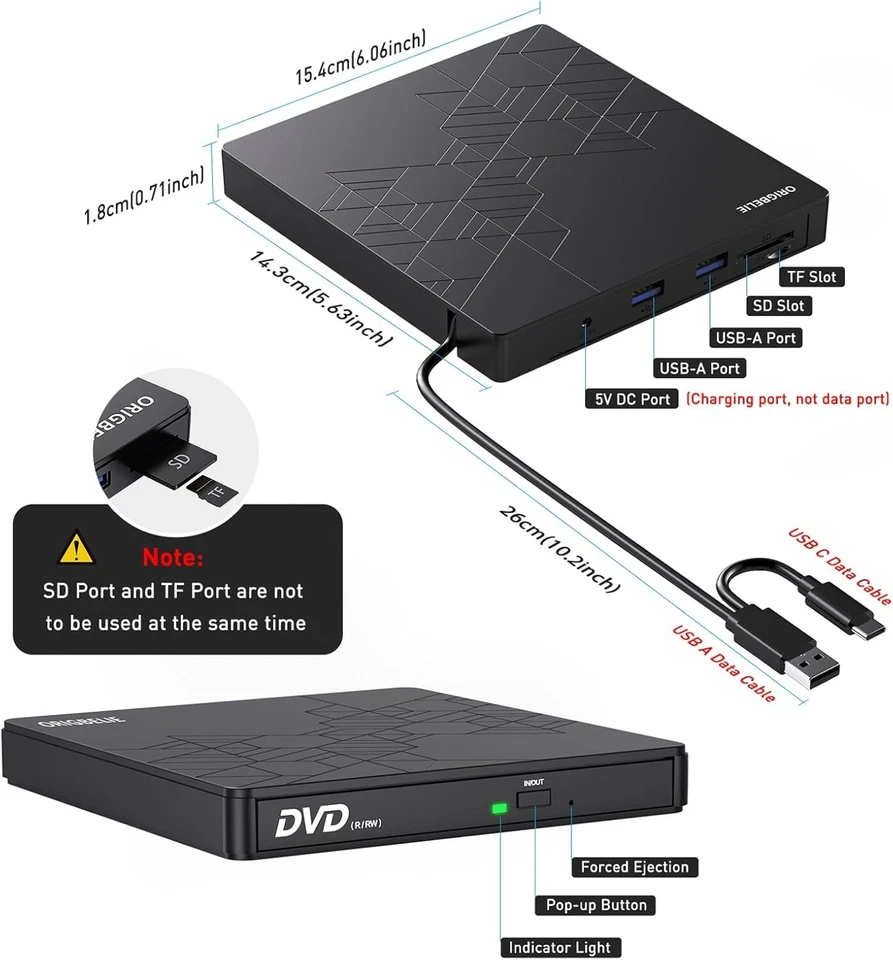 Lettore CD Esterno per PC Portatile, Sottile USB 3.0 Type-C CD/DVD +/-RW Masteri - Immagine 4 di 4