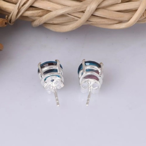 Alexandrite Gemstone Sterling Silver Round Stud Earrings Handmade Women Jewelry - Picture 5 of 8