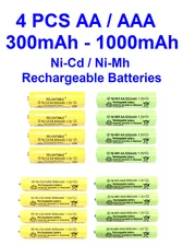 4-PCS 1.2V 300-1000mAh AA / AAA Ni-Cd / Ni-MH Rechargeable Batteries NICD NIMH