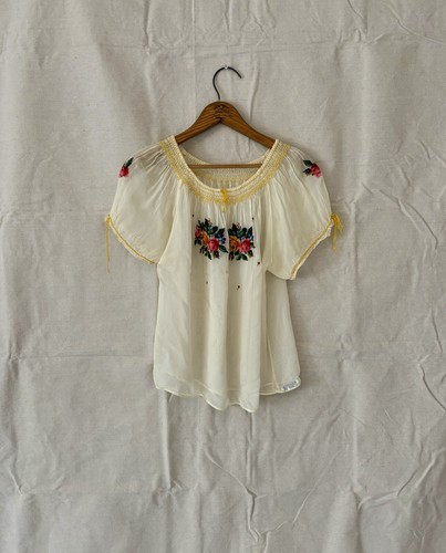 Vintage 40s Ivory Sheer Embroidered Mexican Penny Lane Blouse Casa Saucedo S/M - Picture 8 of 16