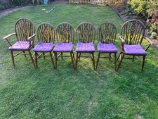 Vintage Jaycee Oak Dining Wheel Back Windsor Chairs Set of 6 with 2 Carvers 