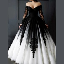 V Neck Off Shoulder Black White Wedding Dresses Floor Length Applique Tulle HOT