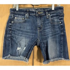 Mossimo Boyfriend Shorts Women 4 Blue Distressed Raw Hem Stretch Denim