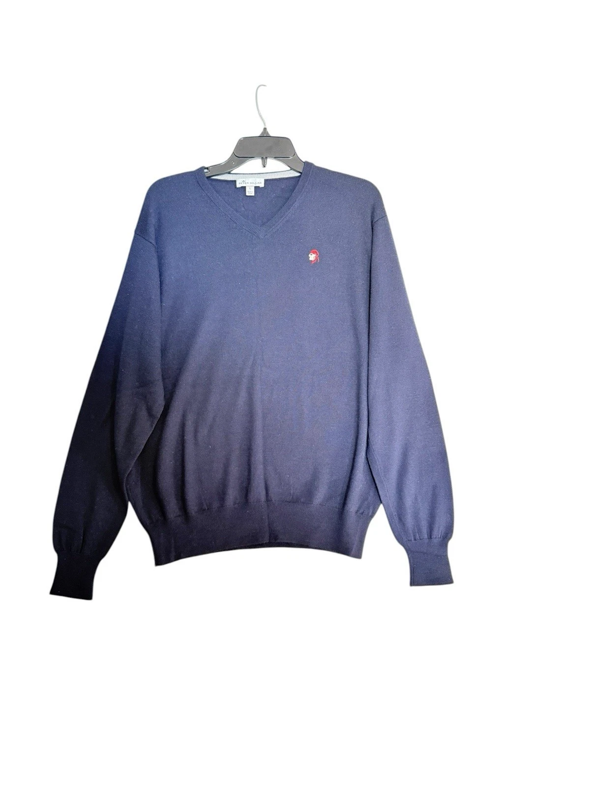 Peter Millar Men’s L Blue V Neck Merino Wool Silk Sweater Pirate Patch Accent