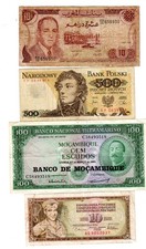 LOT 4 BILLETS Maroc 10 Dirhams 1985 Pologne 500 Mozambique 100 1961 Yougoslavie