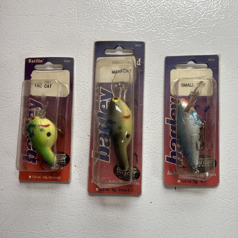 Lot -3 Vintage Bagley Rattlin Balsa Wood Fishing Lures Fat/MamaCat&SmallFry NOS