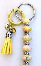 Handmade BOHO beaded key ring/purse charm-pastel yellow/water drop-silver tone
