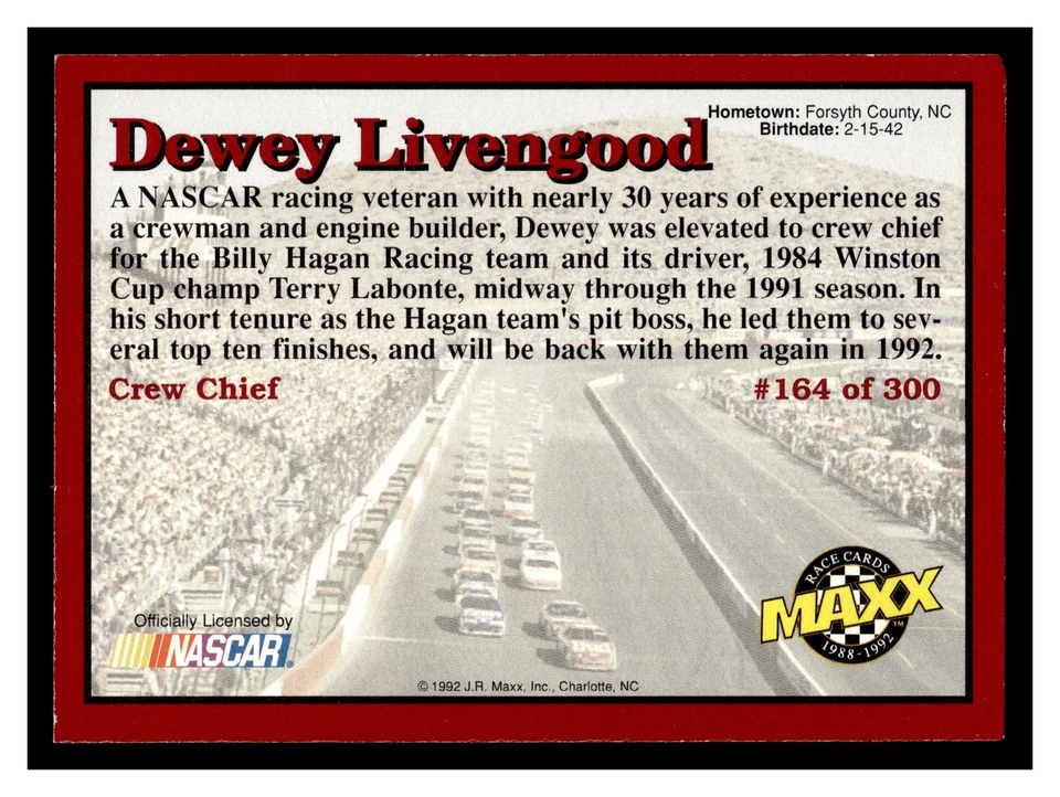 Dewey Livengood #164 1992 Maxx (Red) Hagan Enterprises - Image 2 of 2