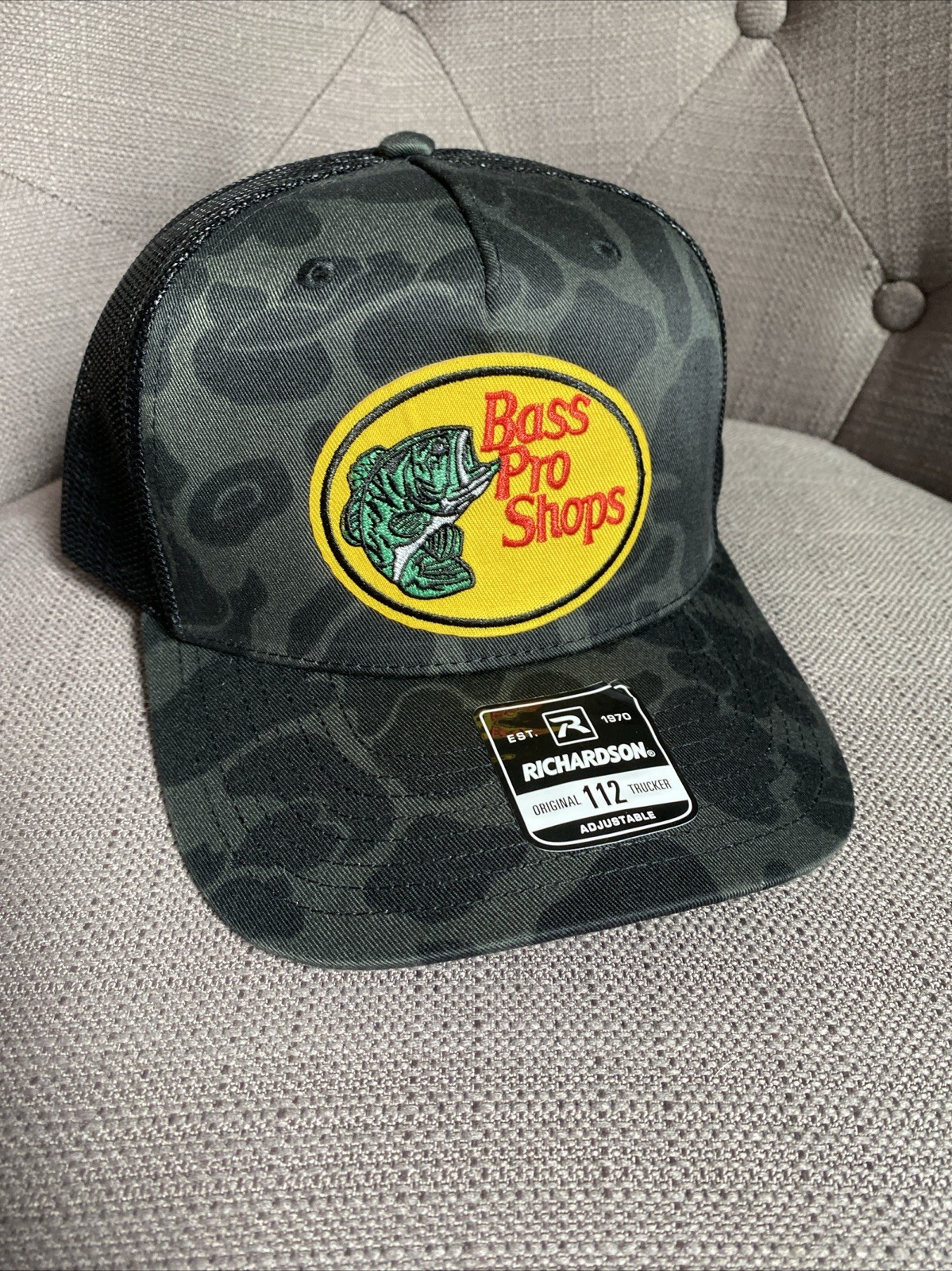 Bass Pro Shops Racing Fish patch on Duck Camo richardson 112