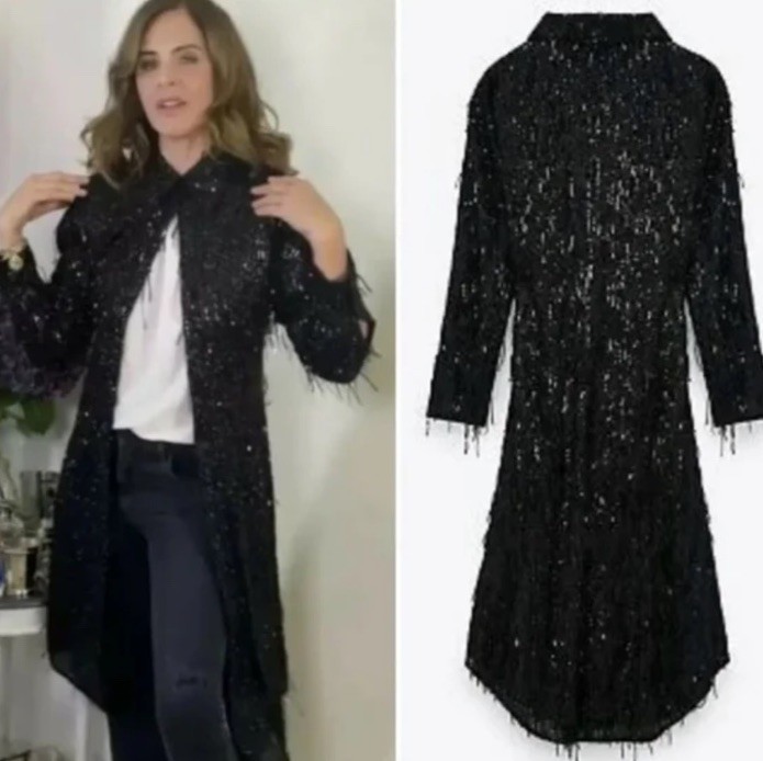 Zara  rare Black Sequin Fringe Midi Shirt Dress Limited Edition Trinny Size M
