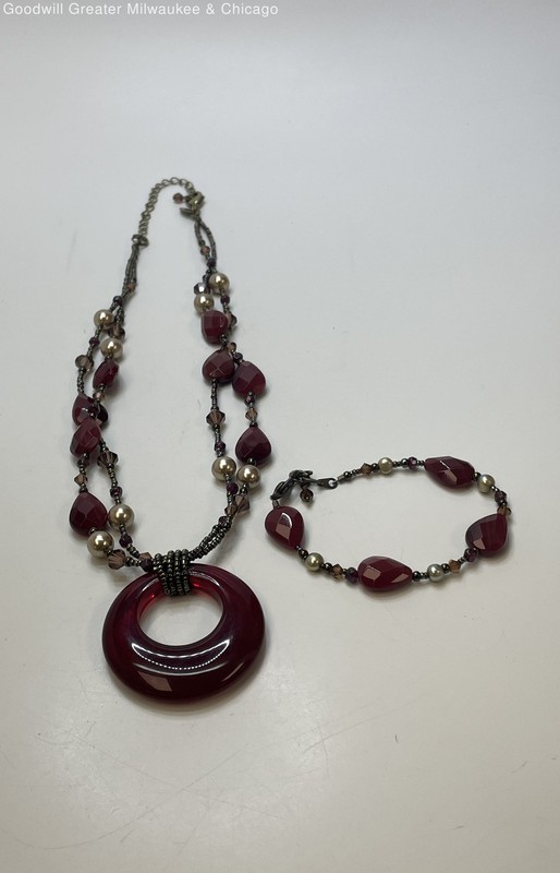 Lia Sophia Gold Tone Red Glass & Faux Pearl Necklace & Bracelet Set 52.7g