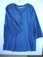 Soft Surroundings Women's Blue Boho Embroidered VNeck Lace Blouse 3/4 Sleeve 3X