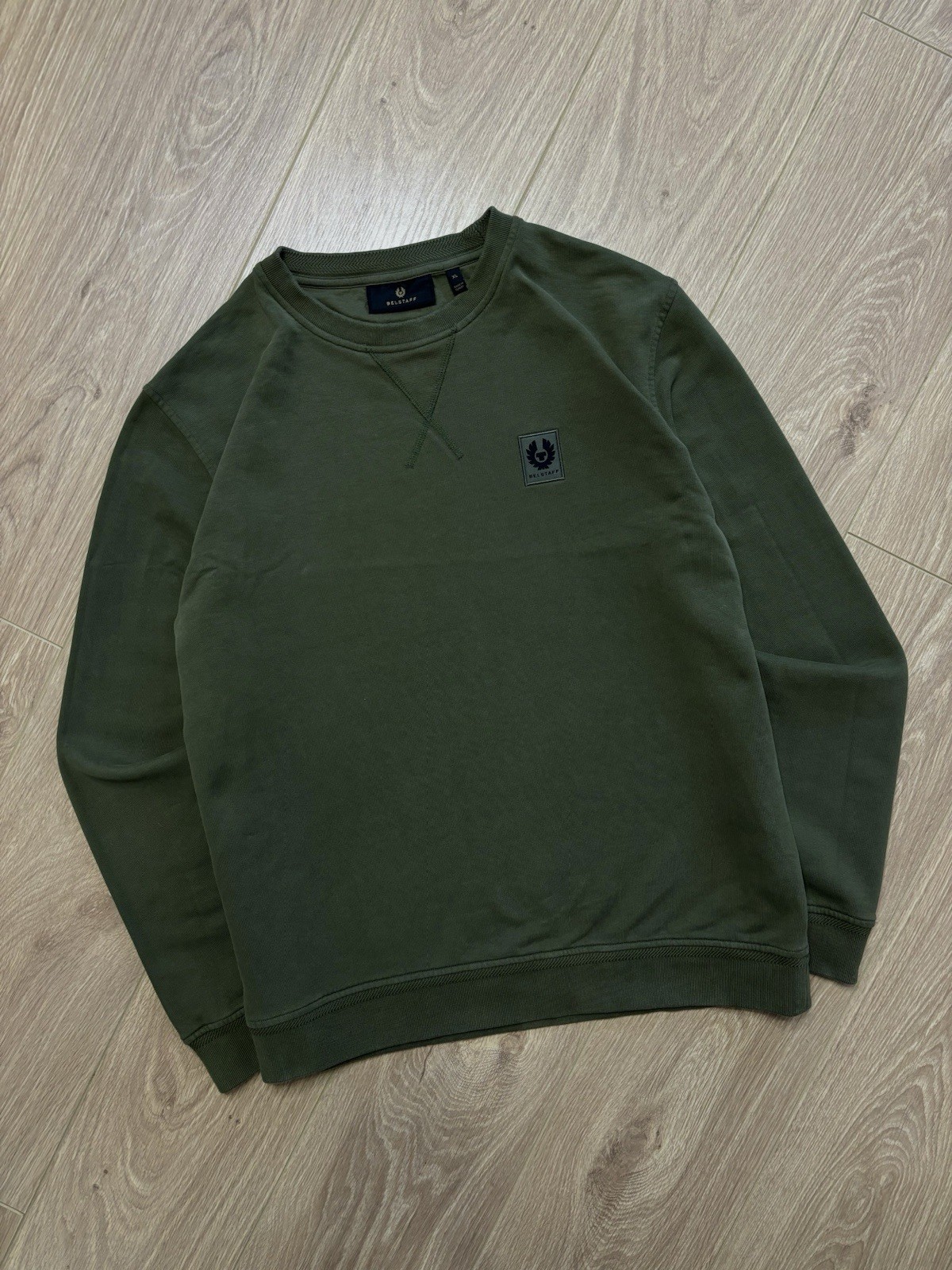 Belstaff Men's Olive Crew Neck Sweatshirt Jumper Size XL Phoenix Logo Cotton