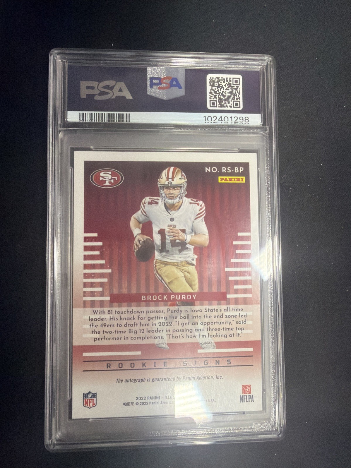 2022 Panini Illusions - Rookie Signs Brock Purdy #RS-BP Orange (AU, RC) PSA 8 view 2