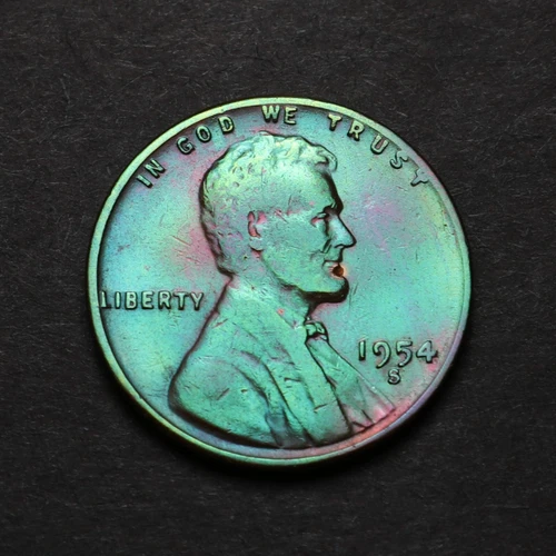 1954-S Toned Lincoln Wheat Cent Penny with Rainbow Toning 6-74