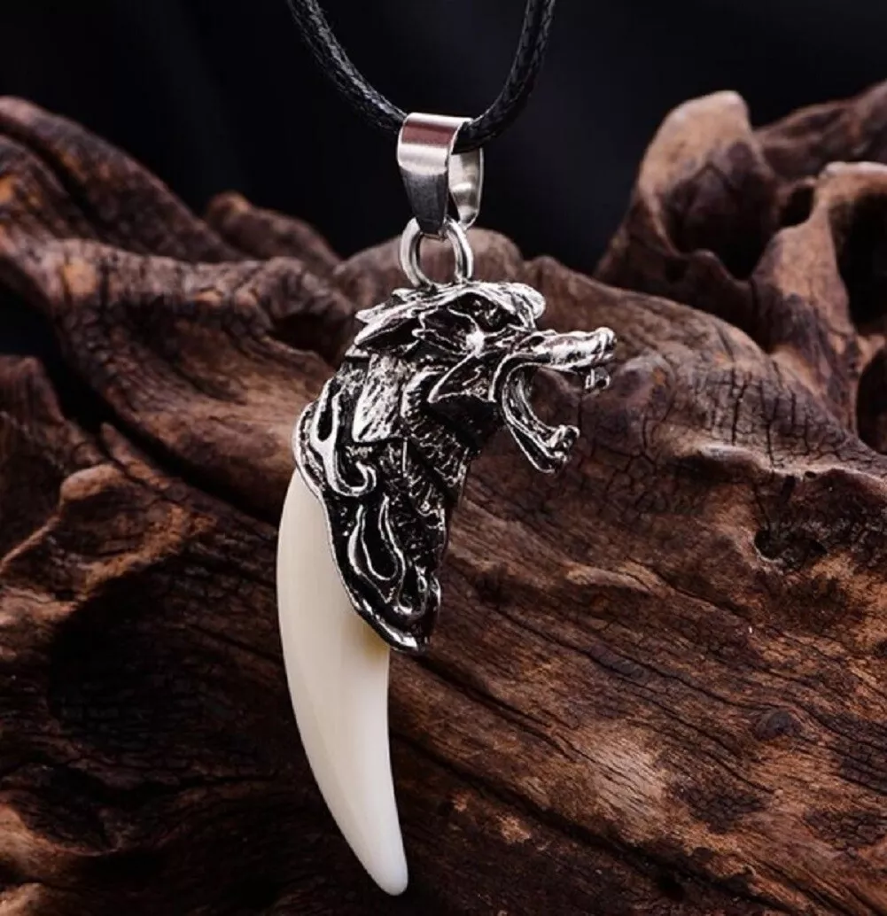Wolf Tooth Animal Necklace Pendent Mens Silver Fenir Viking Nordic