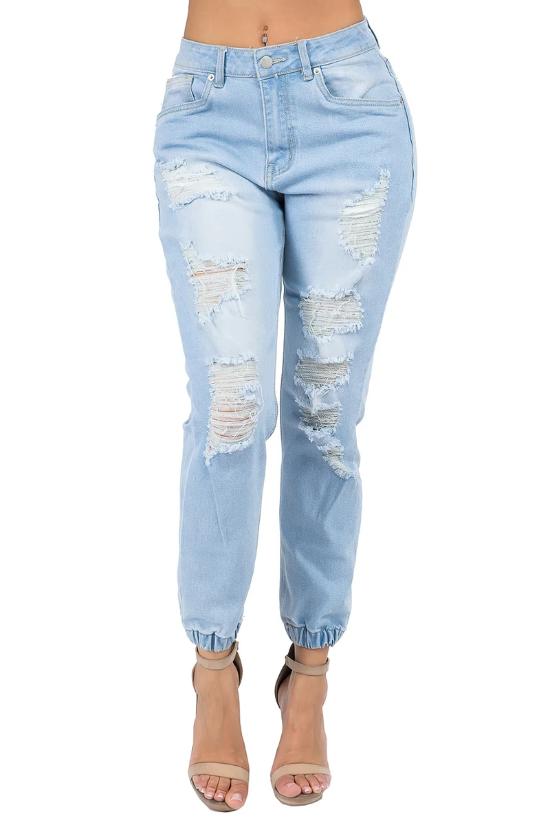 Women's Juniors/Plus Size High Waist Distressed Elastic Cuffed Denim Joggers