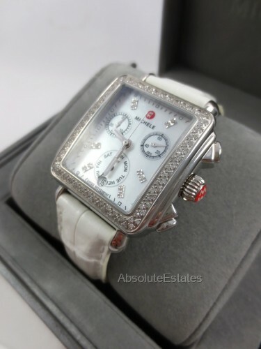 Michele Deco Diamond Silver Chronograph Watch Alligator Band  display picture 2