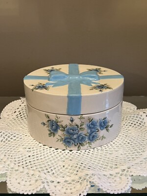 Vintage Round Ceramic Powder Jar Box Blue Ribbons and Flowers Vanity Jewelry