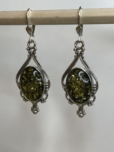 Green AMBER Earrings with Sterling Silver 925.Green Color Amber Dangle Earrings. - Picture 7 of 12
