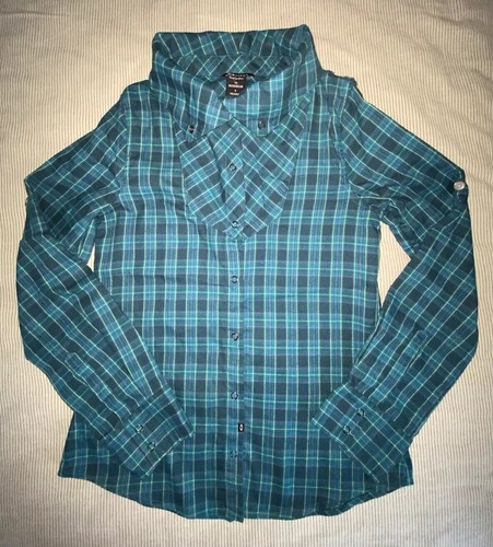 Oakley Womens Teal Plaid Flannel Shirt XS High Neck Snap Front Roll Tab Sleeve - Picture 3 of 8
