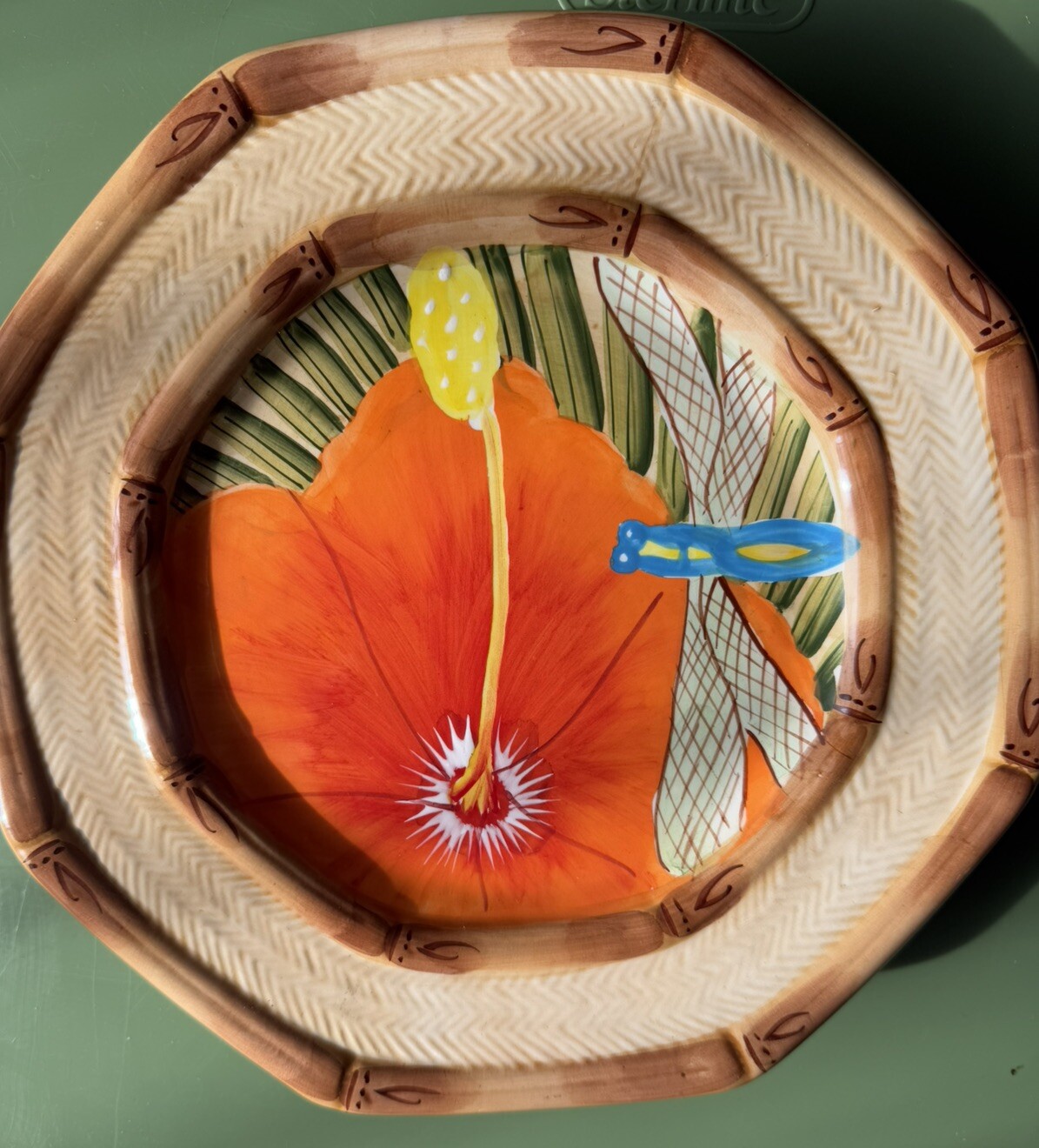 Hand-painted Orange Hibiscus and Bamboo Salad PlateRoyal Palm 9.5