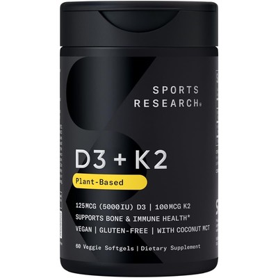 Sports Research Vitamin D3 K2 with Coconut Oil | Plant Based Vitamin K2 MK7 +...