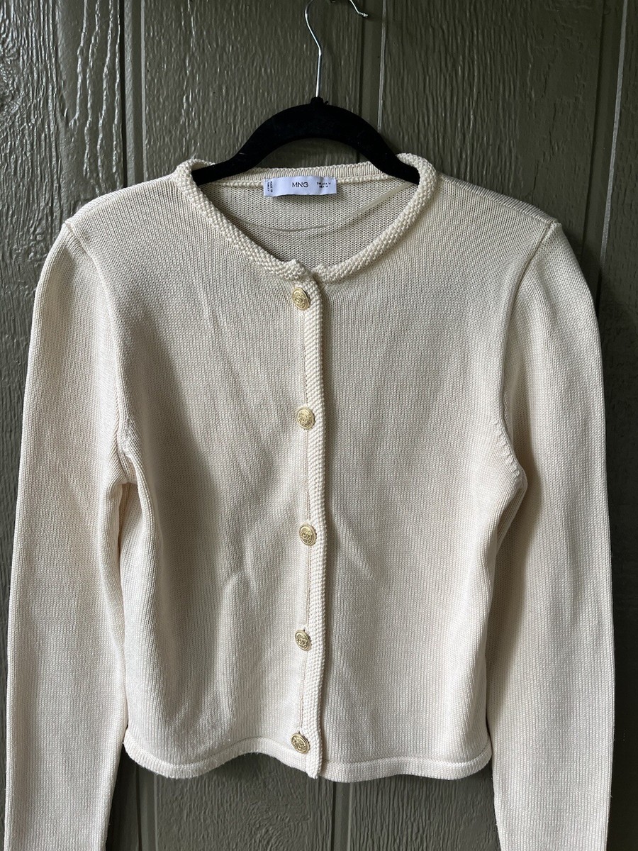 Mango Textured Knit Cardigan Round Neck Jewel Button Sweater
